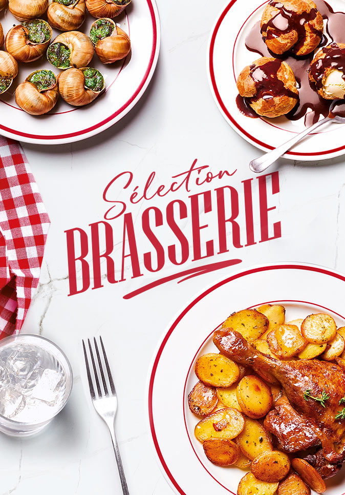 Découvrez notre sélection brasserie avec des recettes généreuses et conviviales : escargots, bœuf bourguignon, blanquette de veau, confit de canard et desserts traditionnels