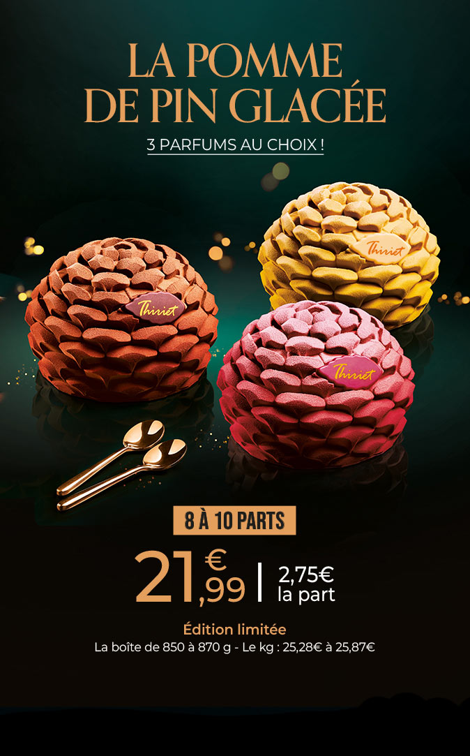 Découvrez nos pommes de pin glacées à partager en édition limitée, déclinées en trois parfums : stracciatella chocolat caramel, exotique mangue-fruit de la passion et framboise yaourt vanille.
