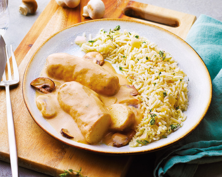 Plats cuisinés - Plats individuels - Les petits plats de la maison - Quenelles de volaille, sauce aux champignons et riz basmati