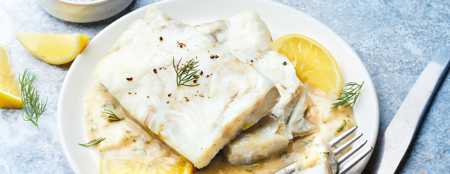 Poissons, fruits de mer - Traiteur de la mer - Poissons cuisinés - 2 portions de filets de Colin (lieu), sauce marinière